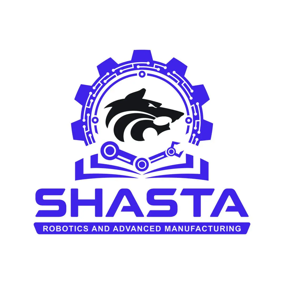 A blue and white logo of shasta robotics.