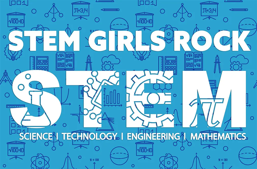 A blue banner with stem girls rock on it.